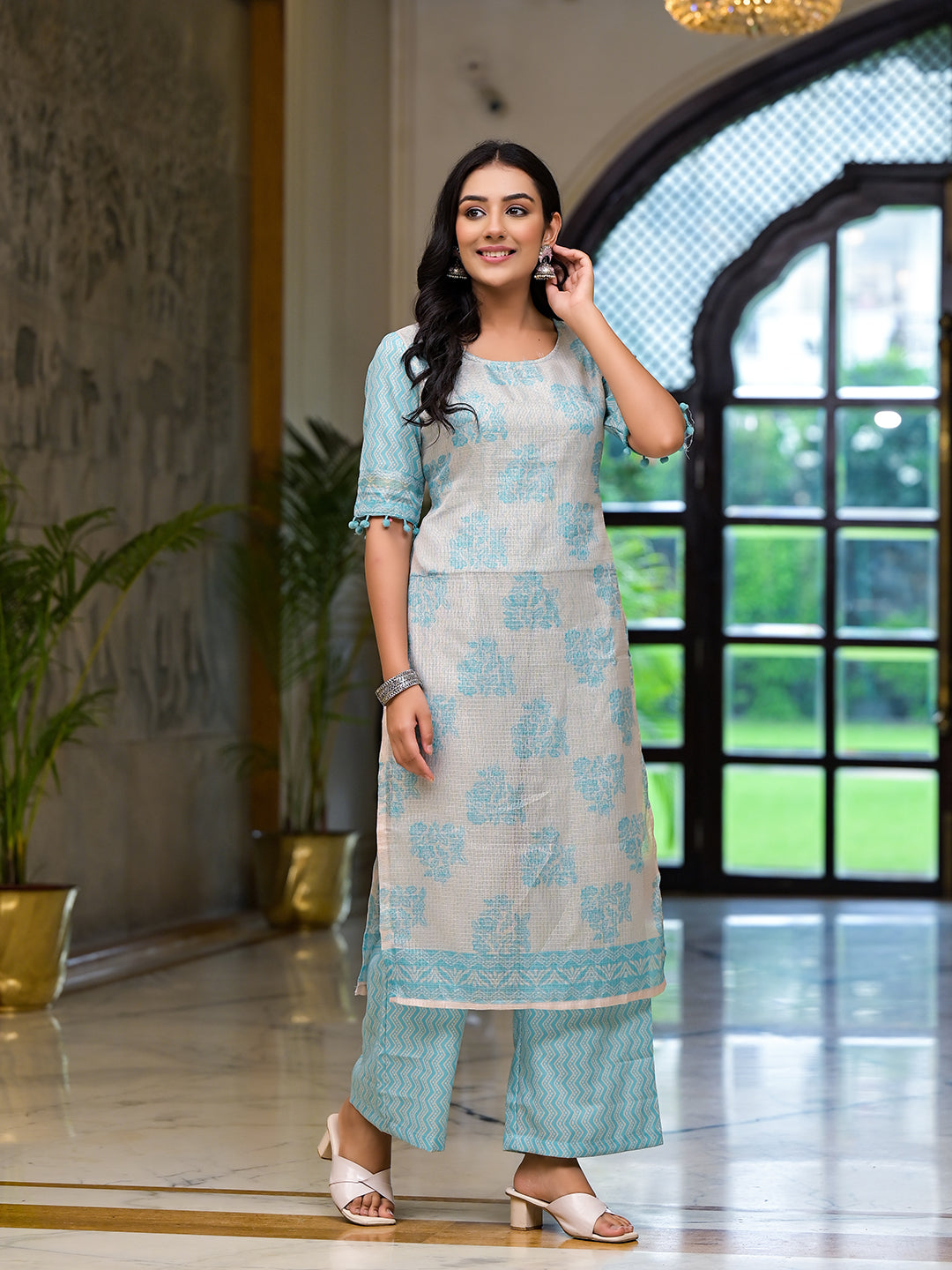 Turqoise Kota Doria layered Kurta Set - Elganza