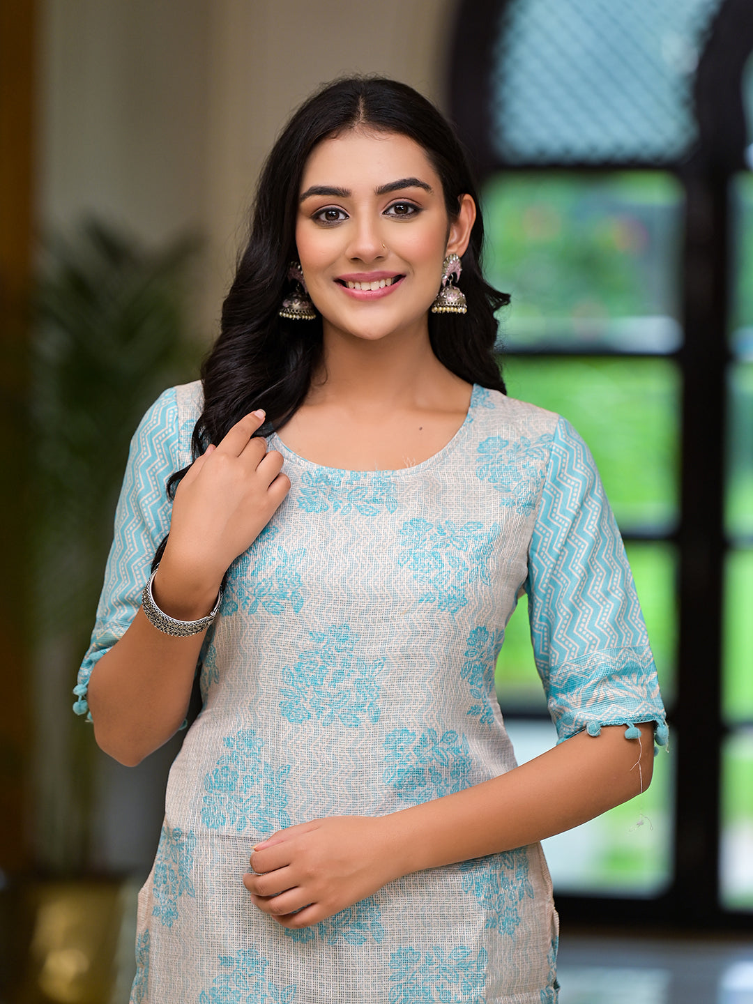 Turqoise Kota Doria layered Kurta Set - Elganza