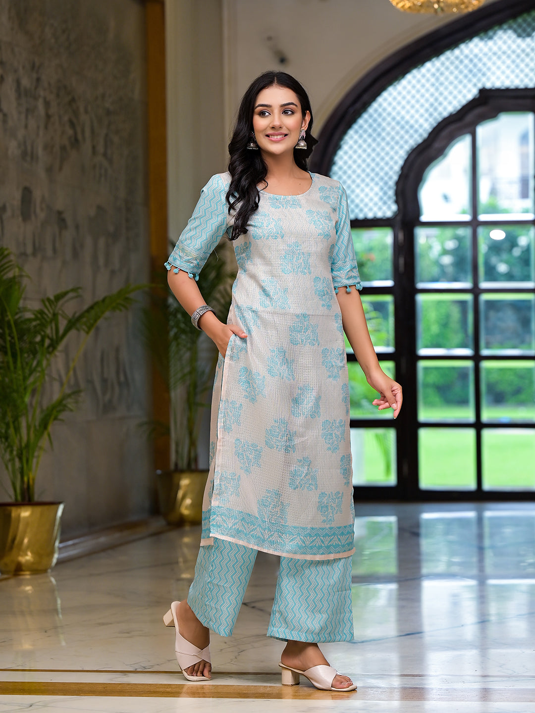 Turqoise Kota Doria layered Kurta Set - Elganza
