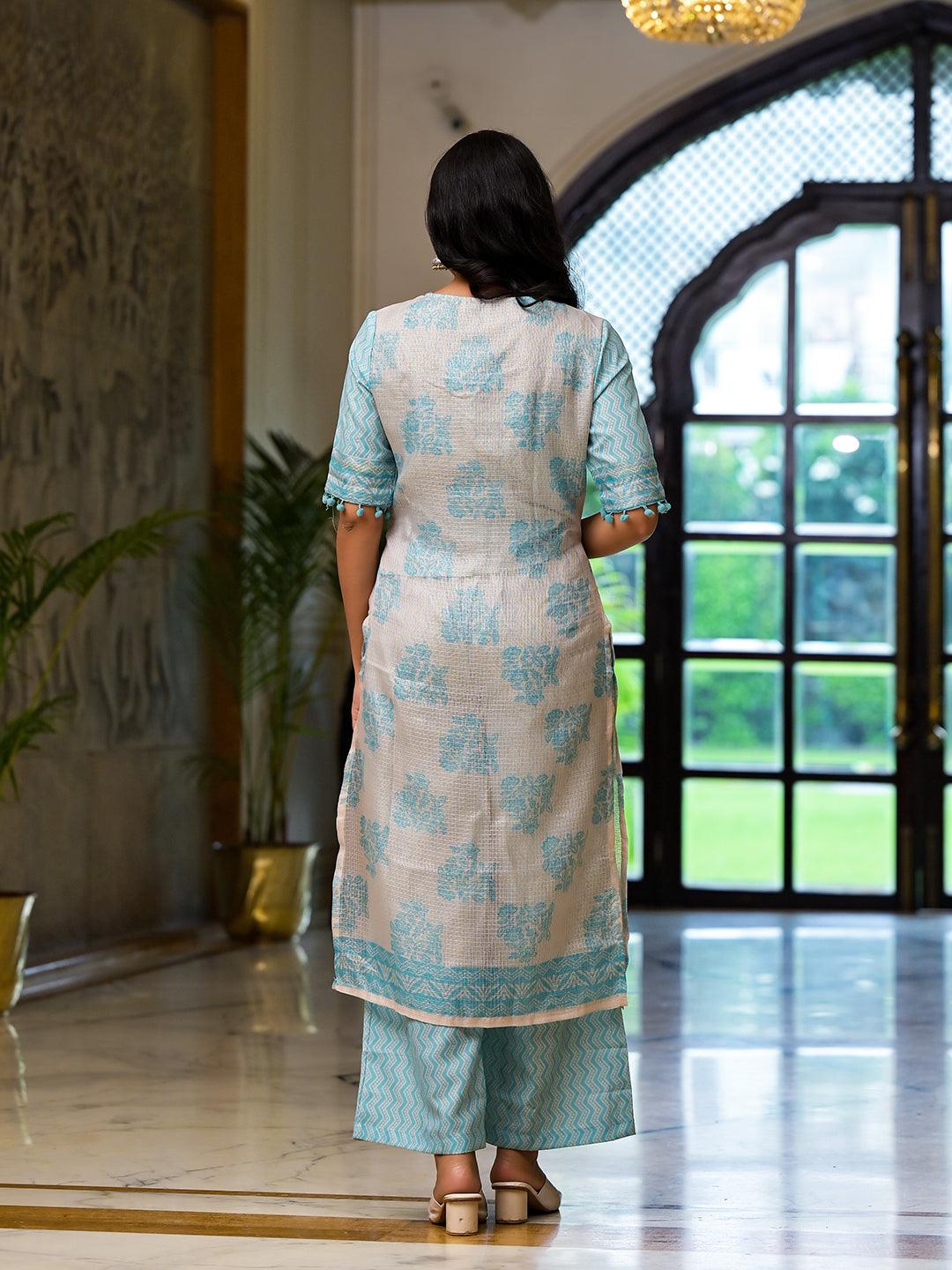 Turqoise Kota Doria layered Kurta Set - Elganza