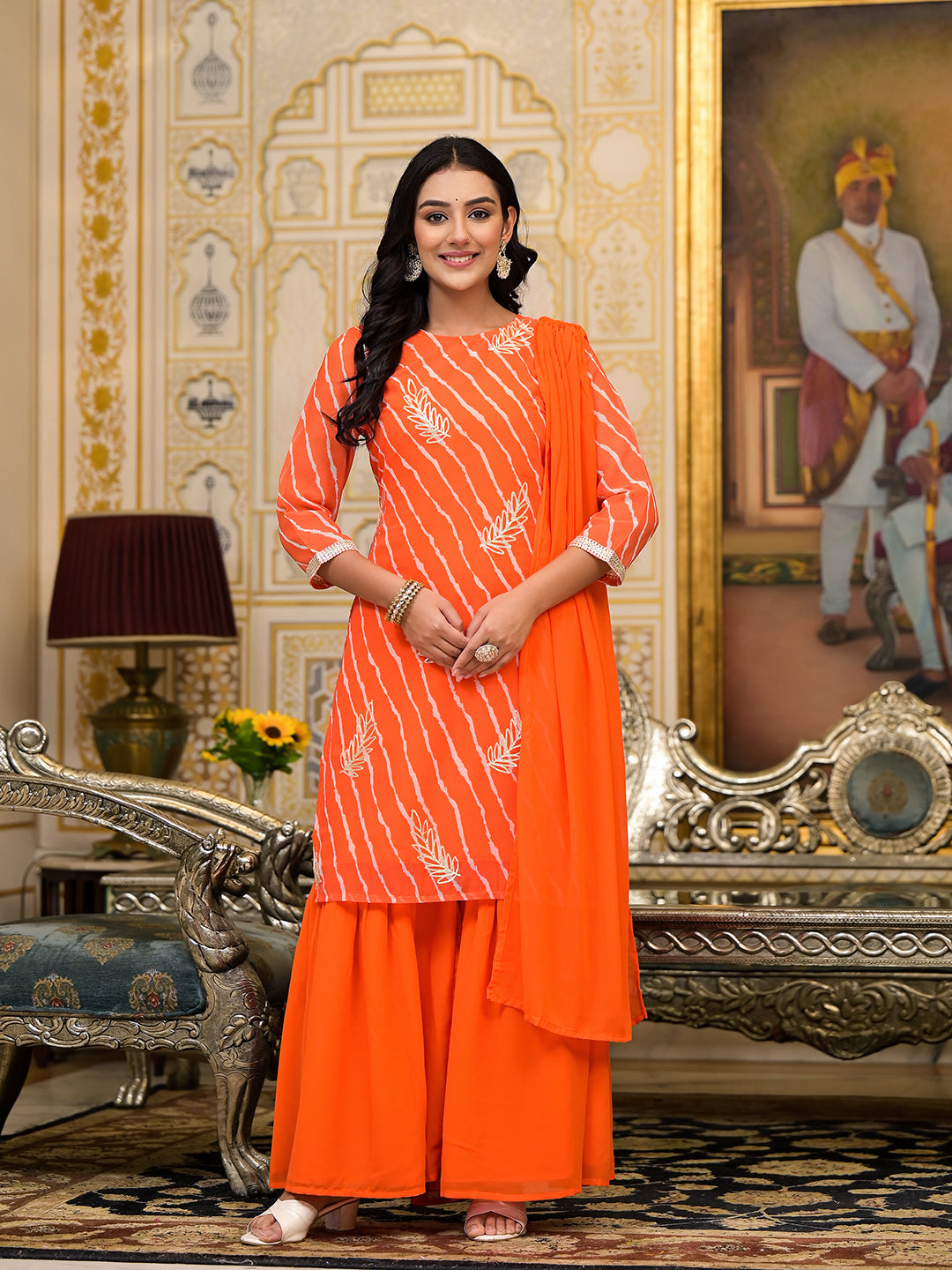 Orange Leheriya Kurta Sharara With Gota Embroidery - Elganza