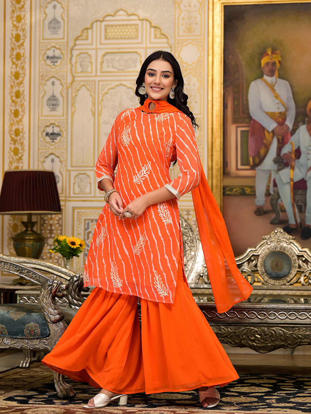 Orange Leheriya Kurta Sharara With Gota Embroidery - Elganza