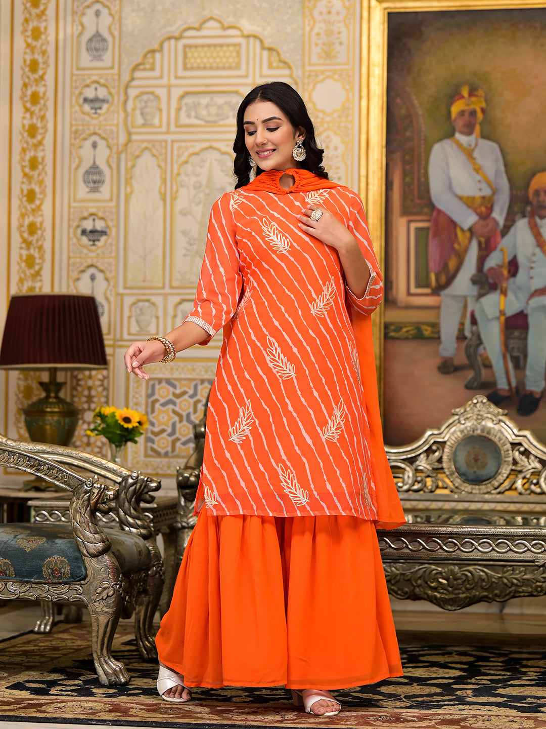 Orange Leheriya Kurta Sharara With Gota Embroidery - Elganza