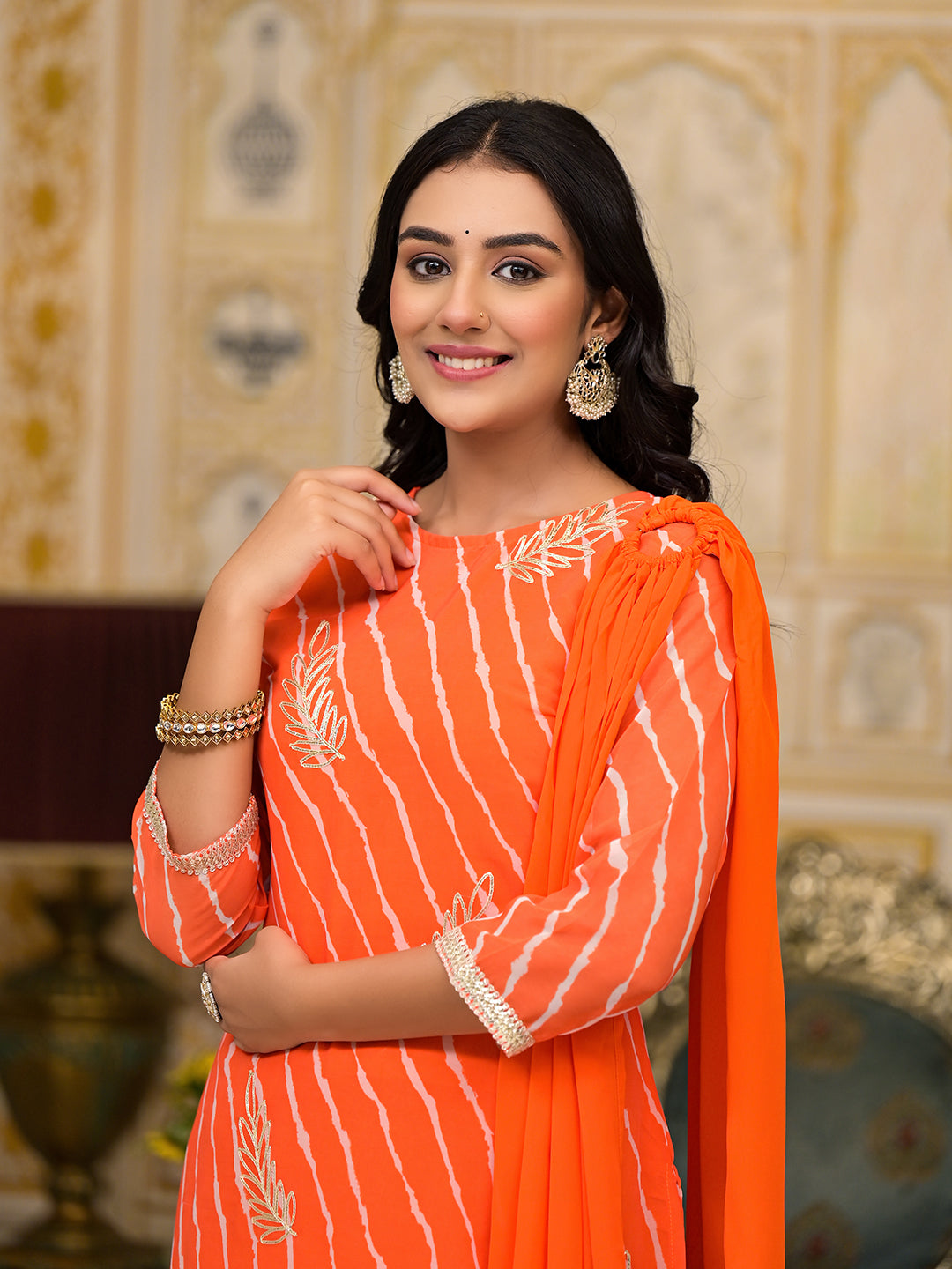 Orange Leheriya Kurta Sharara With Gota Embroidery - Elganza
