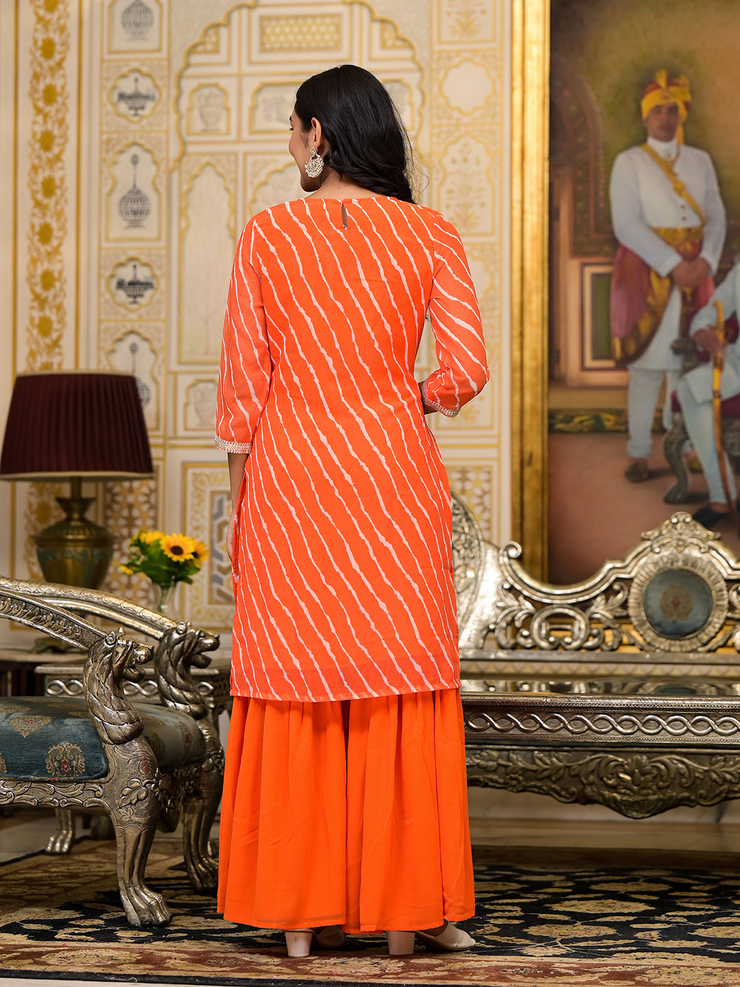 Orange Leheriya Kurta Sharara With Gota Embroidery - Elganza