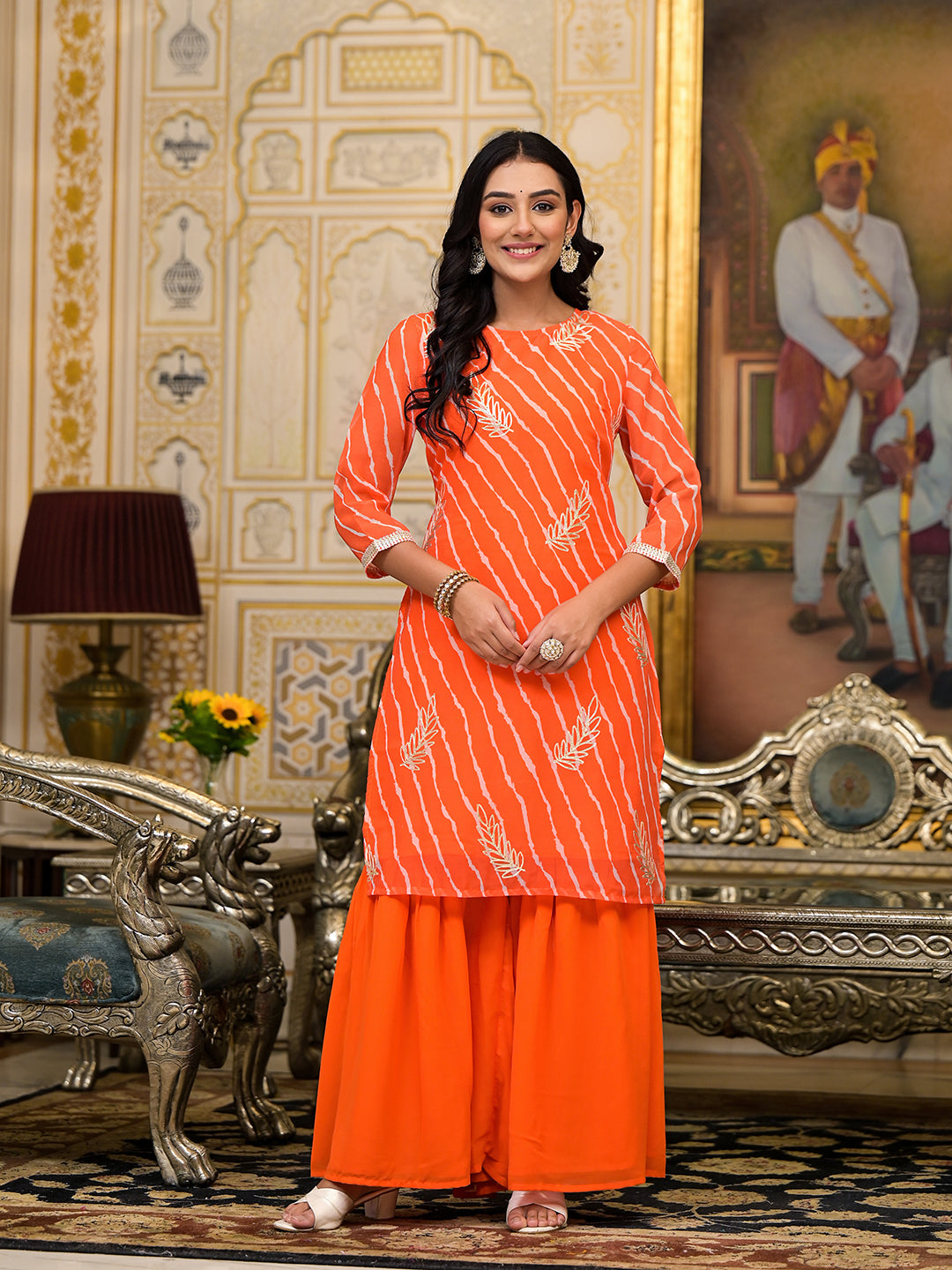 Orange Leheriya Kurta Sharara With Gota Embroidery - Elganza