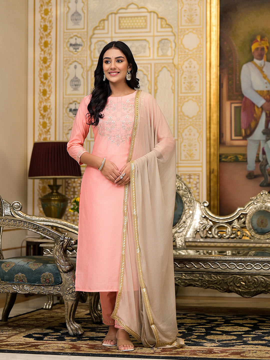 Peach Gota Patti Silk Kurta Set with Dupatta - Elganza