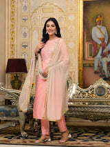 Peach Gota Patti Silk Kurta Set with Dupatta - Elganza