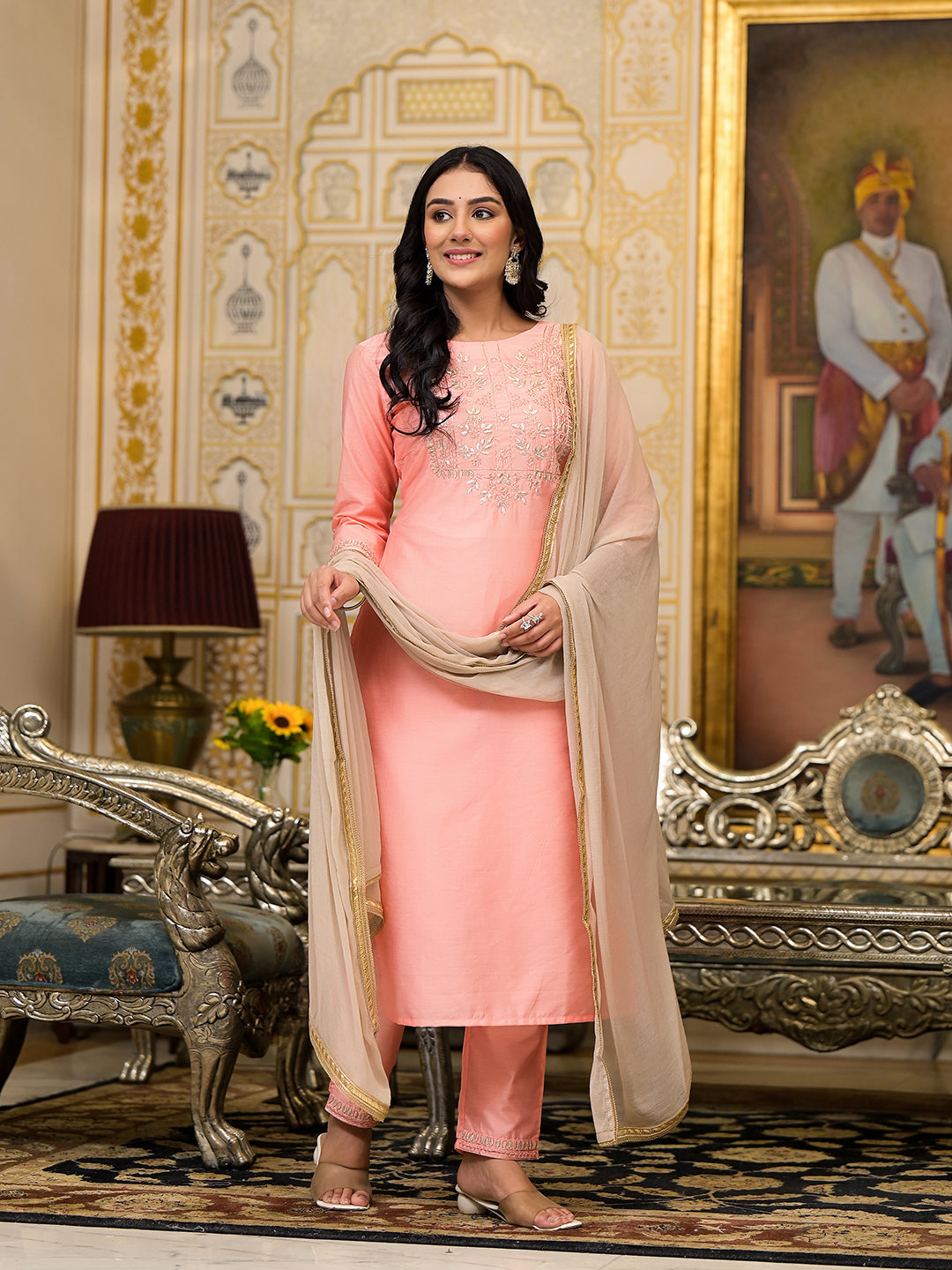 Peach Gota Patti Silk Kurta Set with Dupatta - Elganza