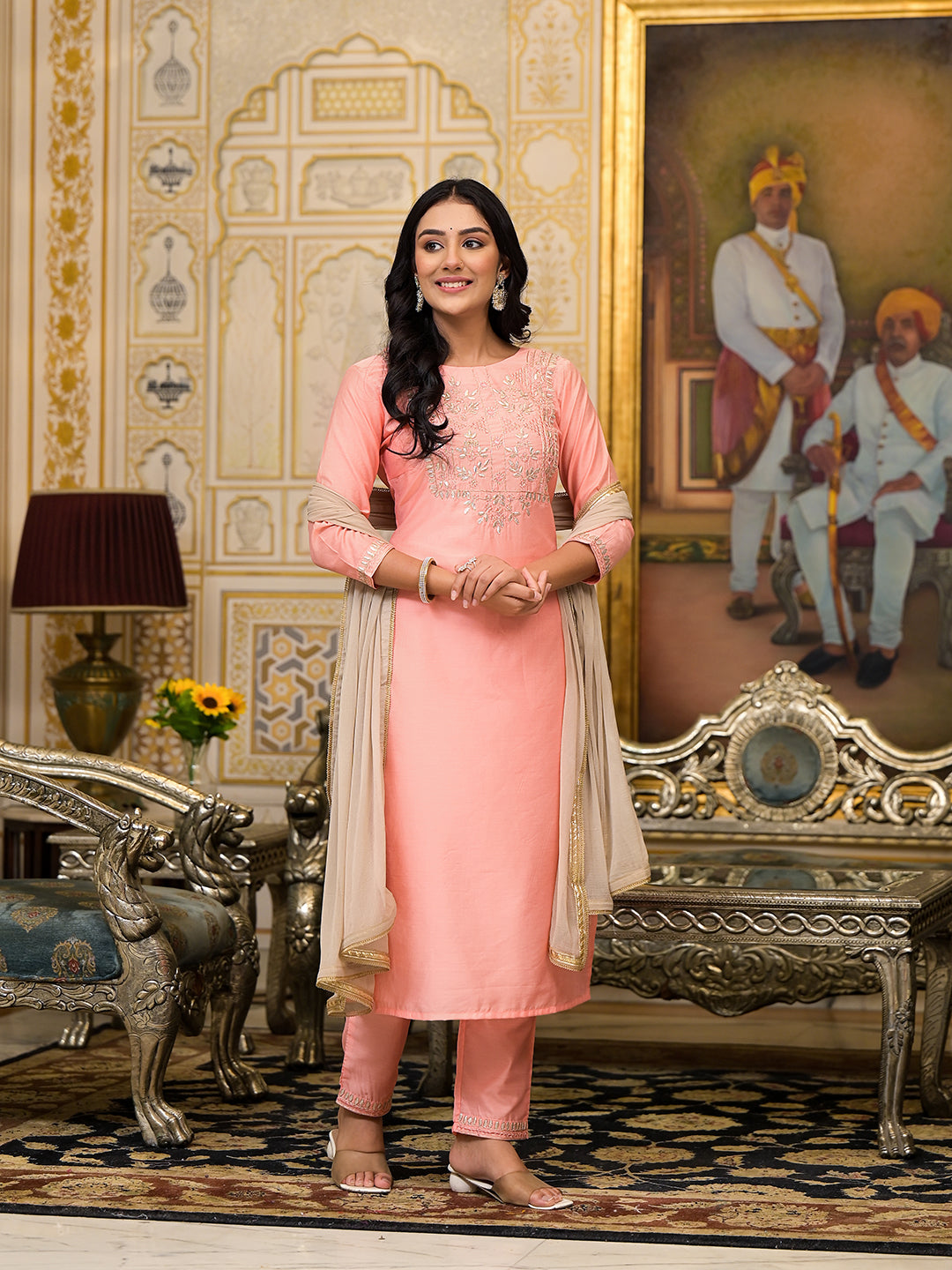 Peach Gota Patti Silk Kurta Set with Dupatta - Elganza