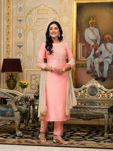 Peach Gota Patti Silk Kurta Set with Dupatta - Elganza