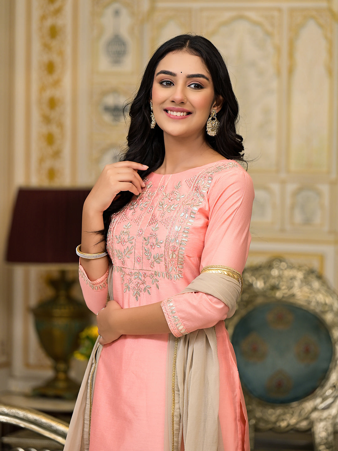 Peach Gota Patti Silk Kurta Set with Dupatta - Elganza