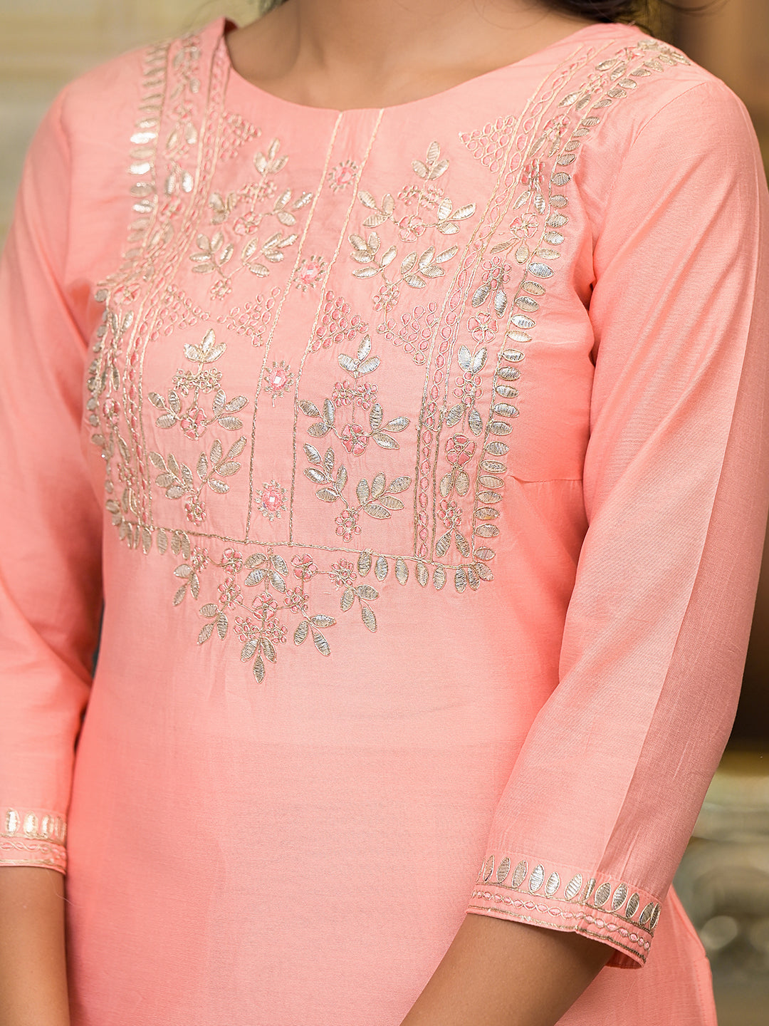 Peach Gota Patti Silk Kurta Set with Dupatta - Elganza