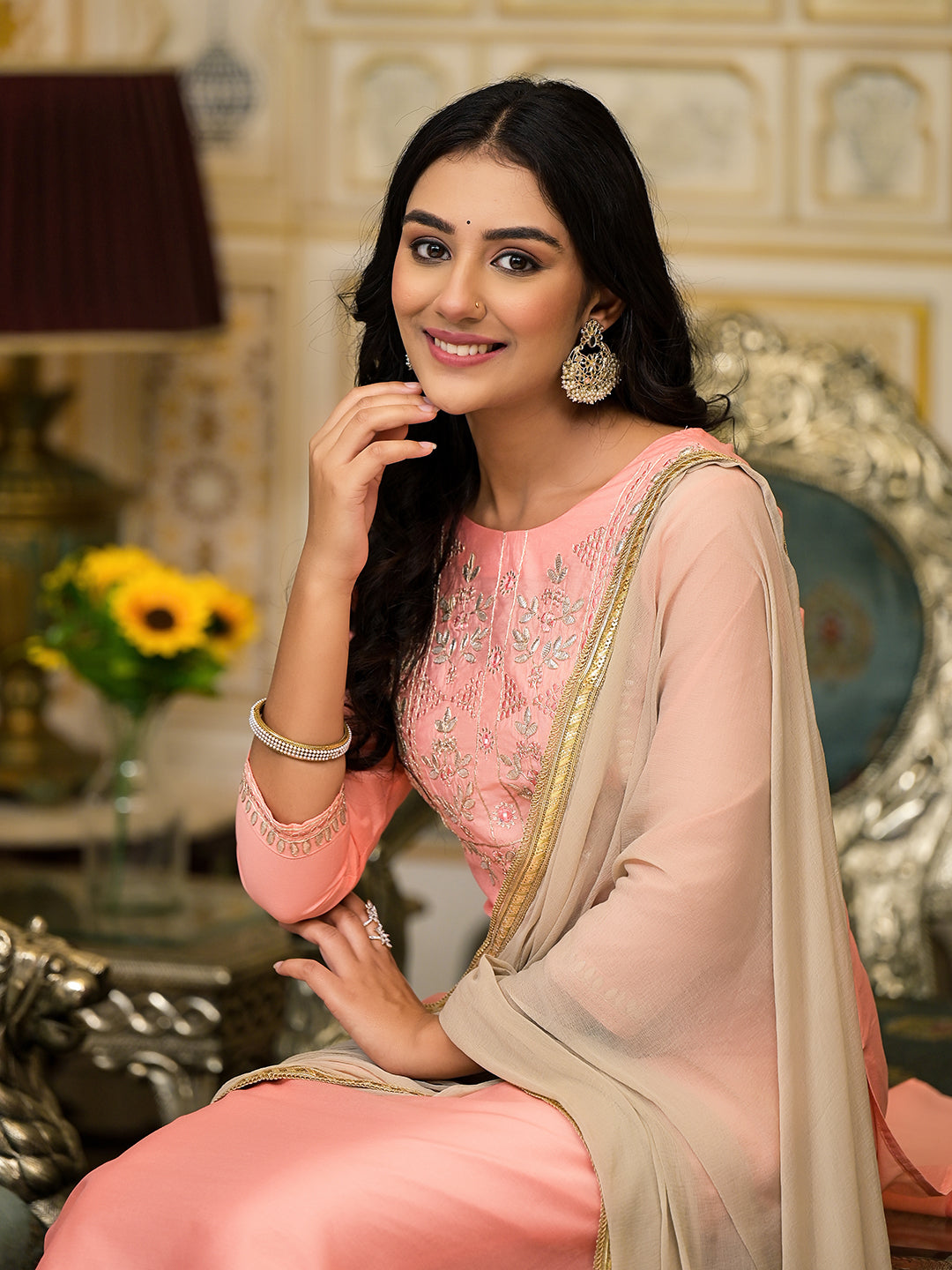Peach Gota Patti Silk Kurta Set with Dupatta - Elganza