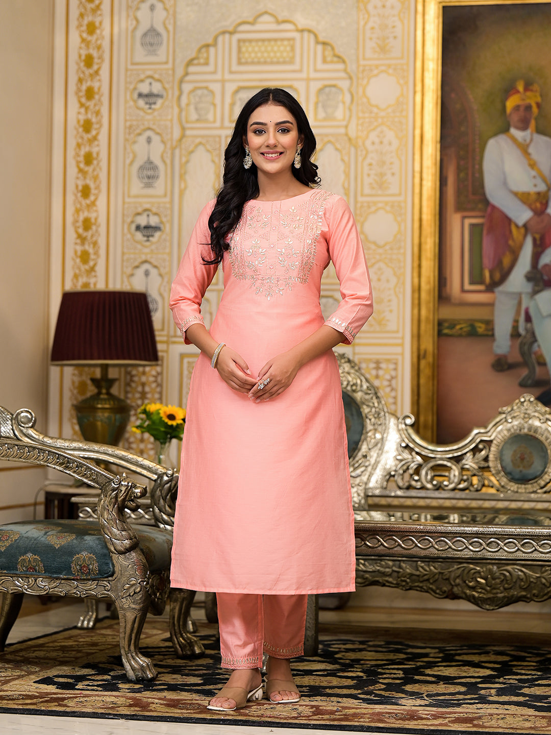 Peach Gota Patti Silk Kurta Set with Dupatta - Elganza