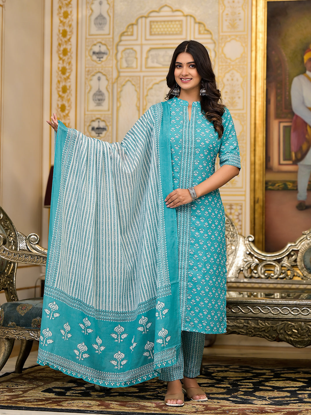 Sky Blue Printed Cotton Kurta Set with Dupatta - Elganza