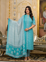Sky Blue Printed Cotton Kurta Set with Dupatta - Elganza