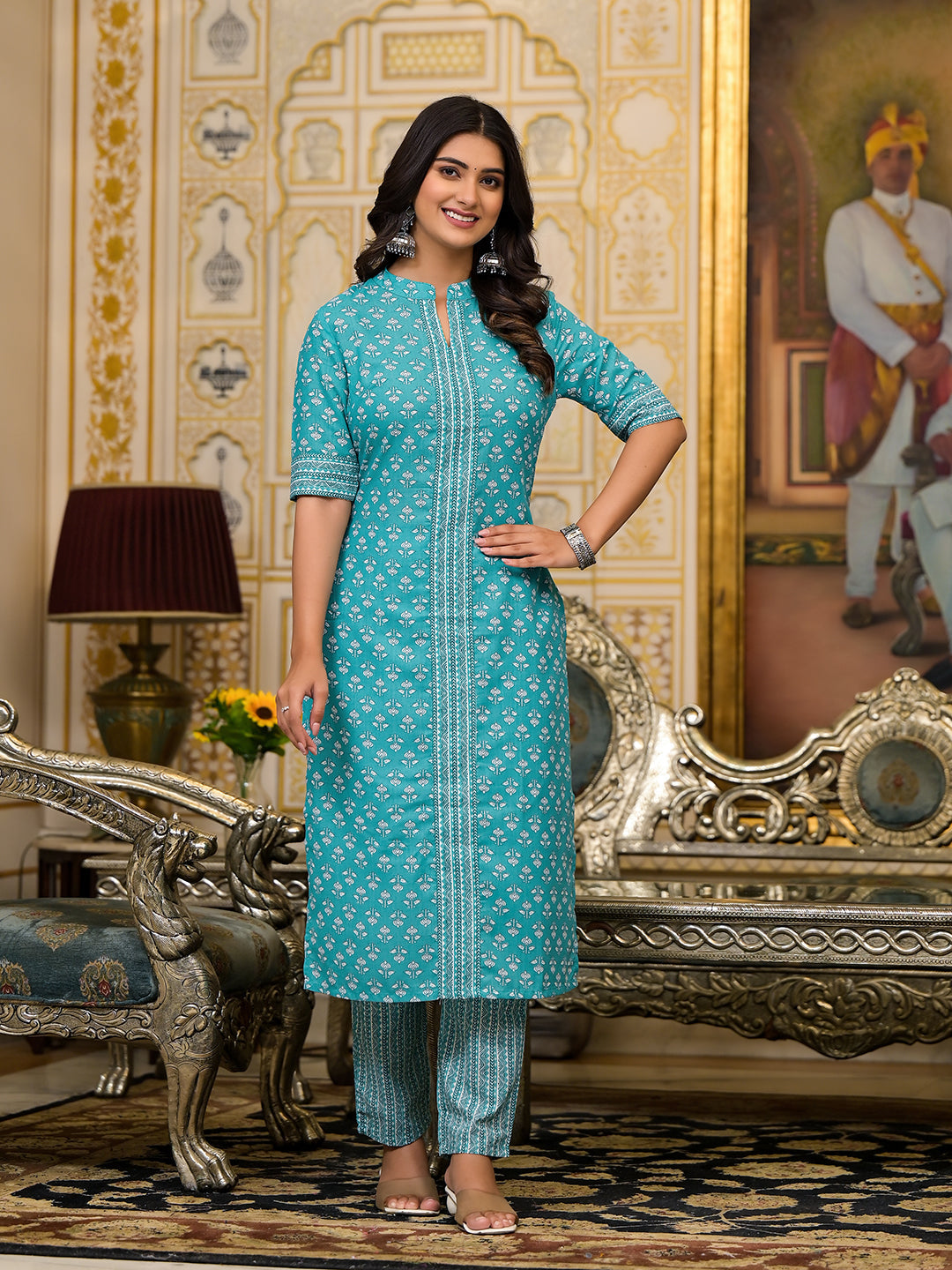 Sky Blue Printed Cotton Kurta Set with Dupatta - Elganza