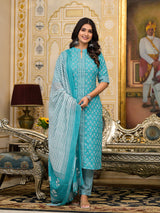 Sky Blue Printed Cotton Kurta Set with Dupatta - Elganza