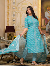 Sky Blue Printed Cotton Kurta Set with Dupatta - Elganza