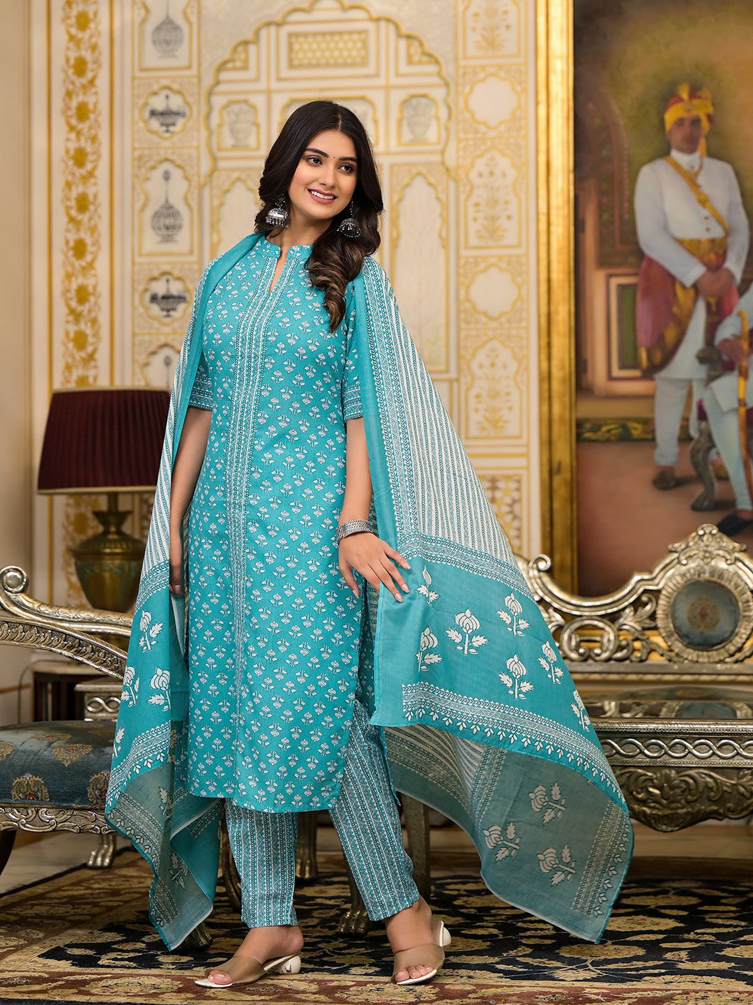 Sky Blue Printed Cotton Kurta Set with Dupatta - Elganza