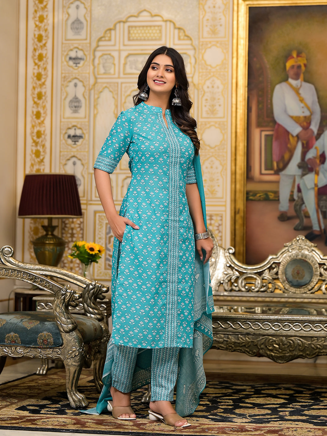 Sky Blue Printed Cotton Kurta Set with Dupatta - Elganza