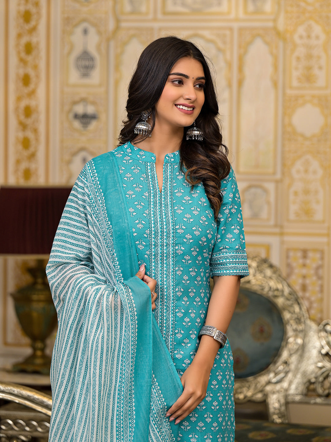 Sky Blue Printed Cotton Kurta Set with Dupatta - Elganza