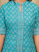 Sky Blue Printed Cotton Kurta Set with Dupatta - Elganza