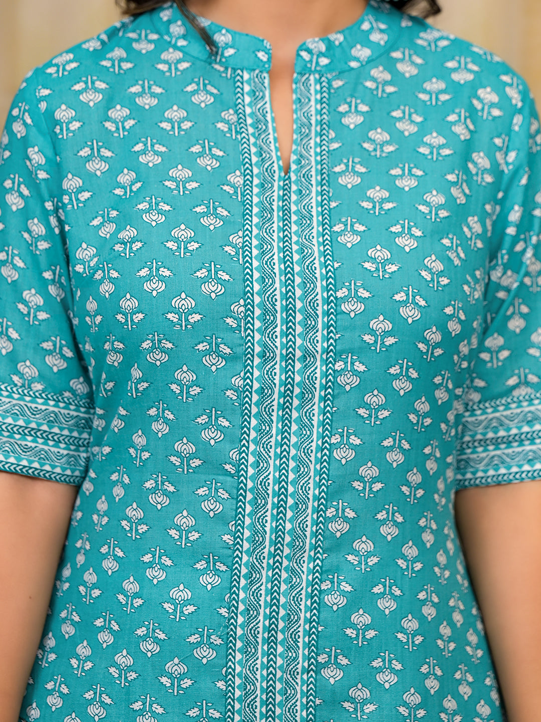 Sky Blue Printed Cotton Kurta Set with Dupatta - Elganza