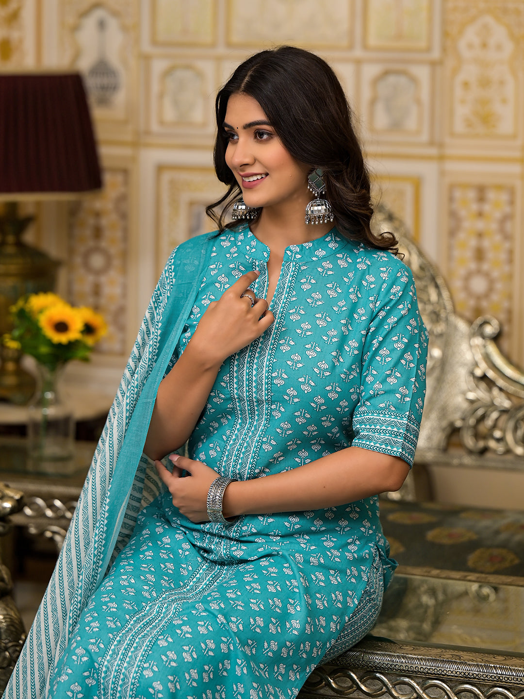 Sky Blue Printed Cotton Kurta Set with Dupatta - Elganza