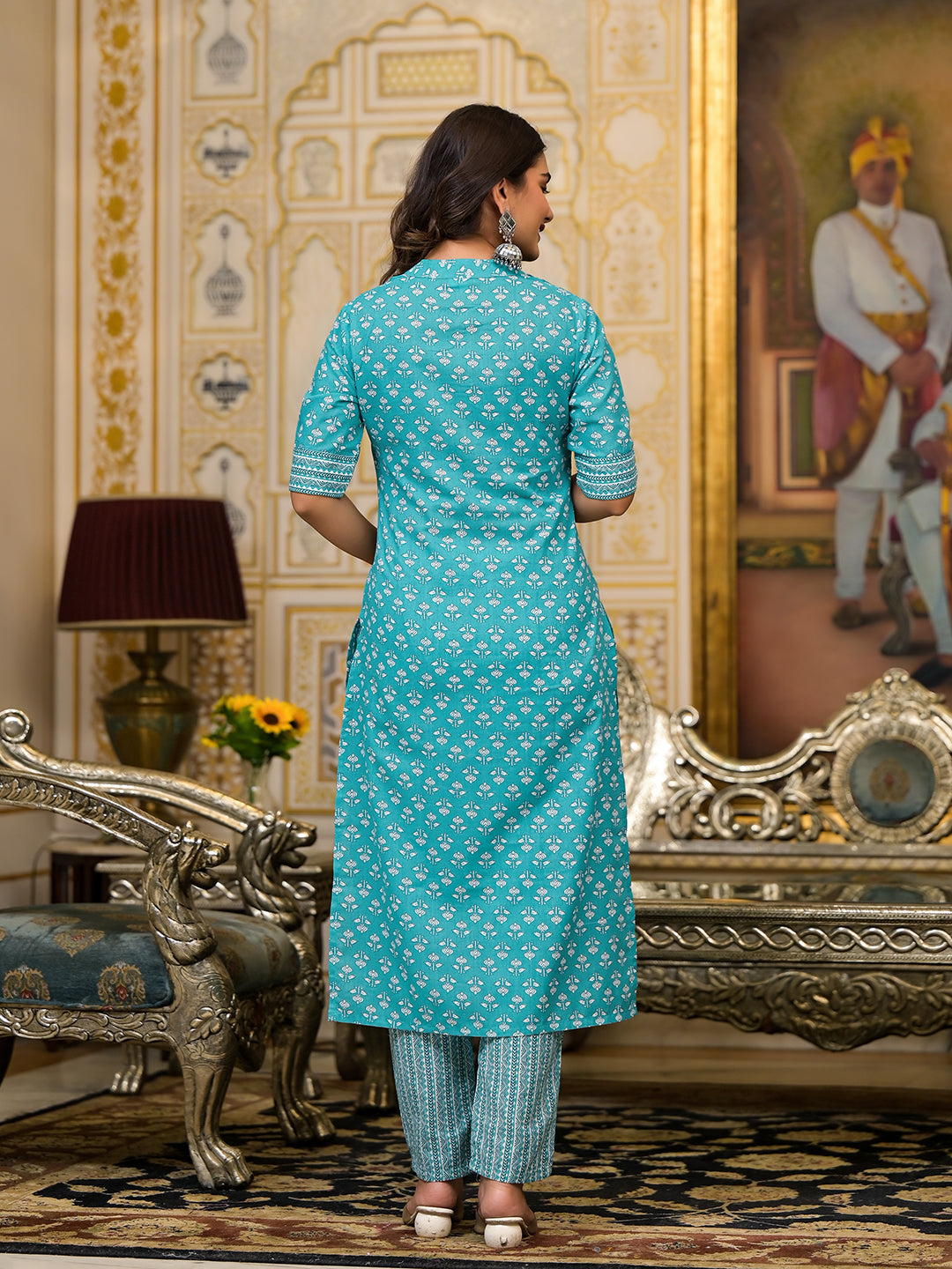 Sky Blue Printed Cotton Kurta Set with Dupatta - Elganza