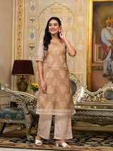 Nude Brown Kota Doria layered Kurta Set - Elganza