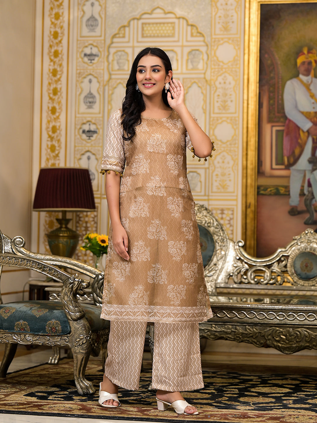 Nude Brown Kota Doria layered Kurta Set - Elganza