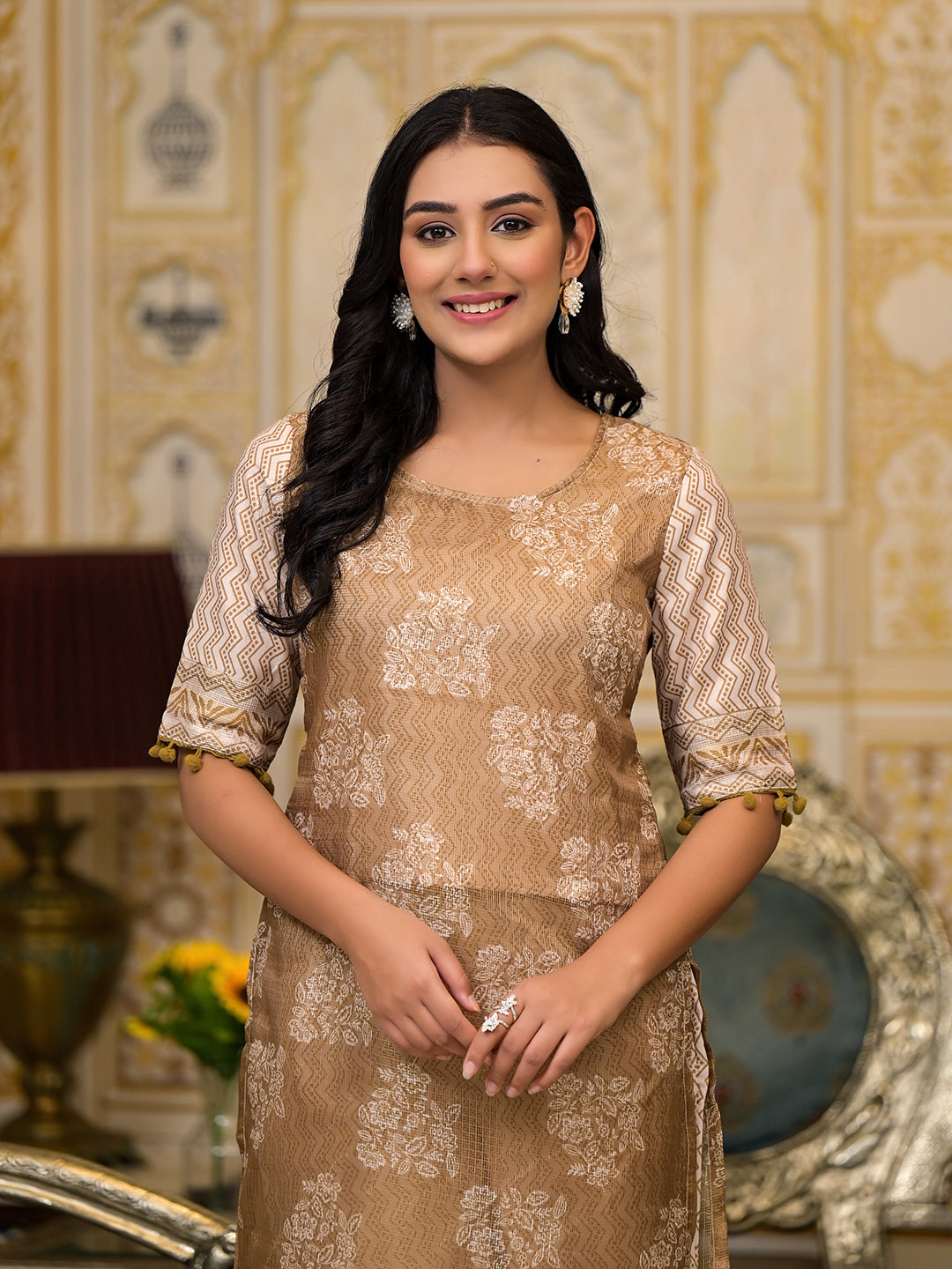 Nude Brown Kota Doria layered Kurta Set - Elganza