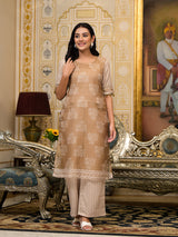 Nude Brown Kota Doria layered Kurta Set - Elganza