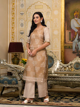 Nude Brown Kota Doria layered Kurta Set - Elganza
