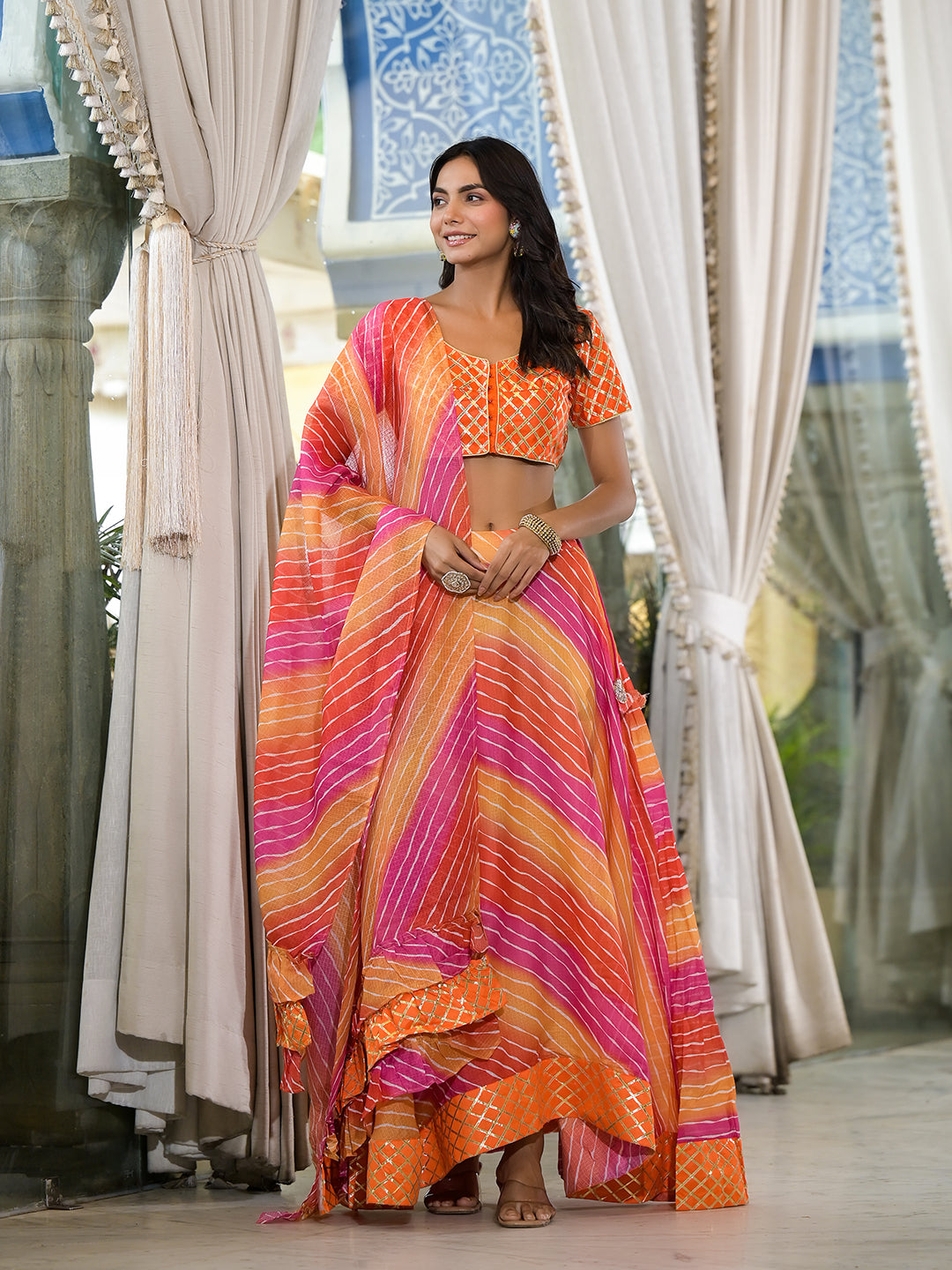 Orange and Pink Leheriya Kota Doria lehenga Choli - Elganza