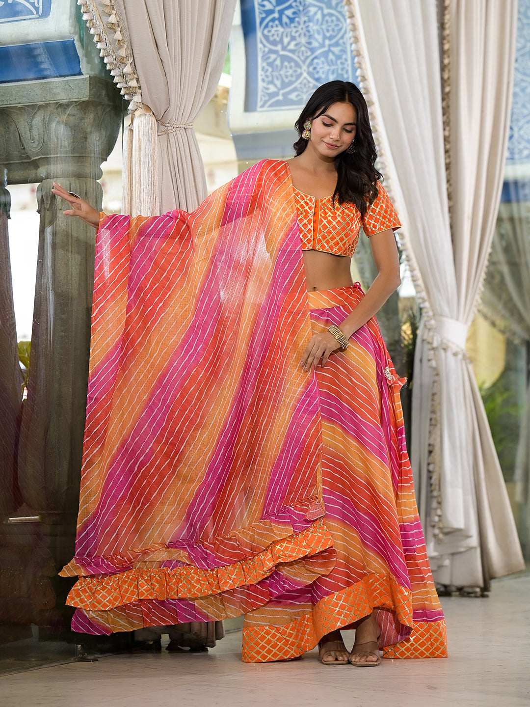 Orange and Pink Leheriya Kota Doria lehenga Choli - Elganza