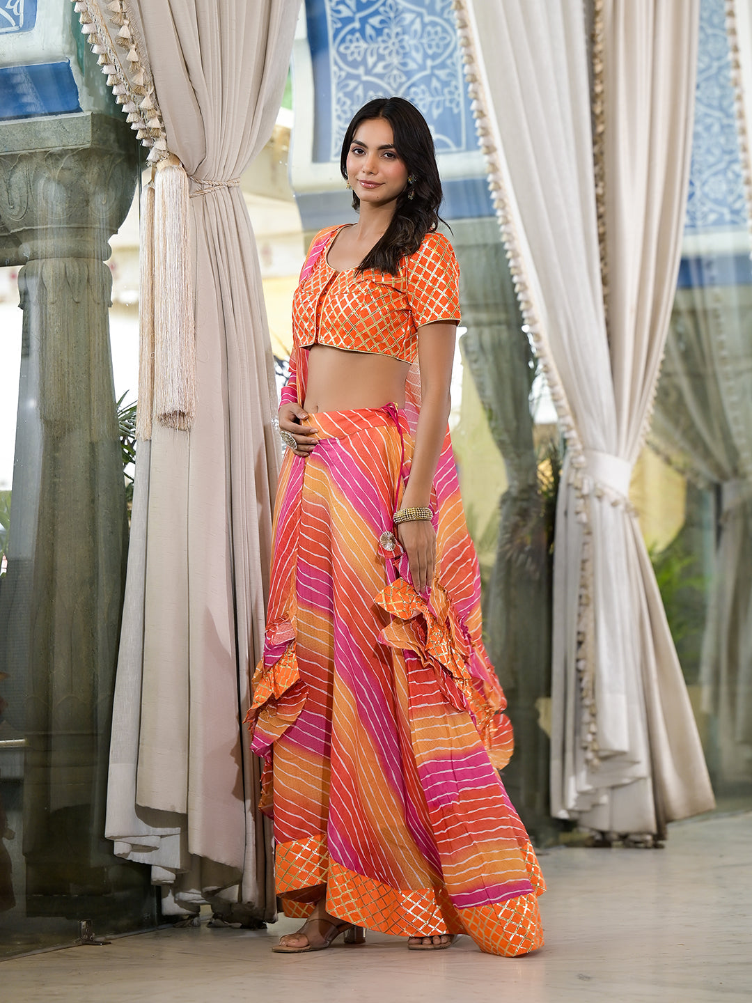 Orange and Pink Leheriya Kota Doria lehenga Choli - Elganza