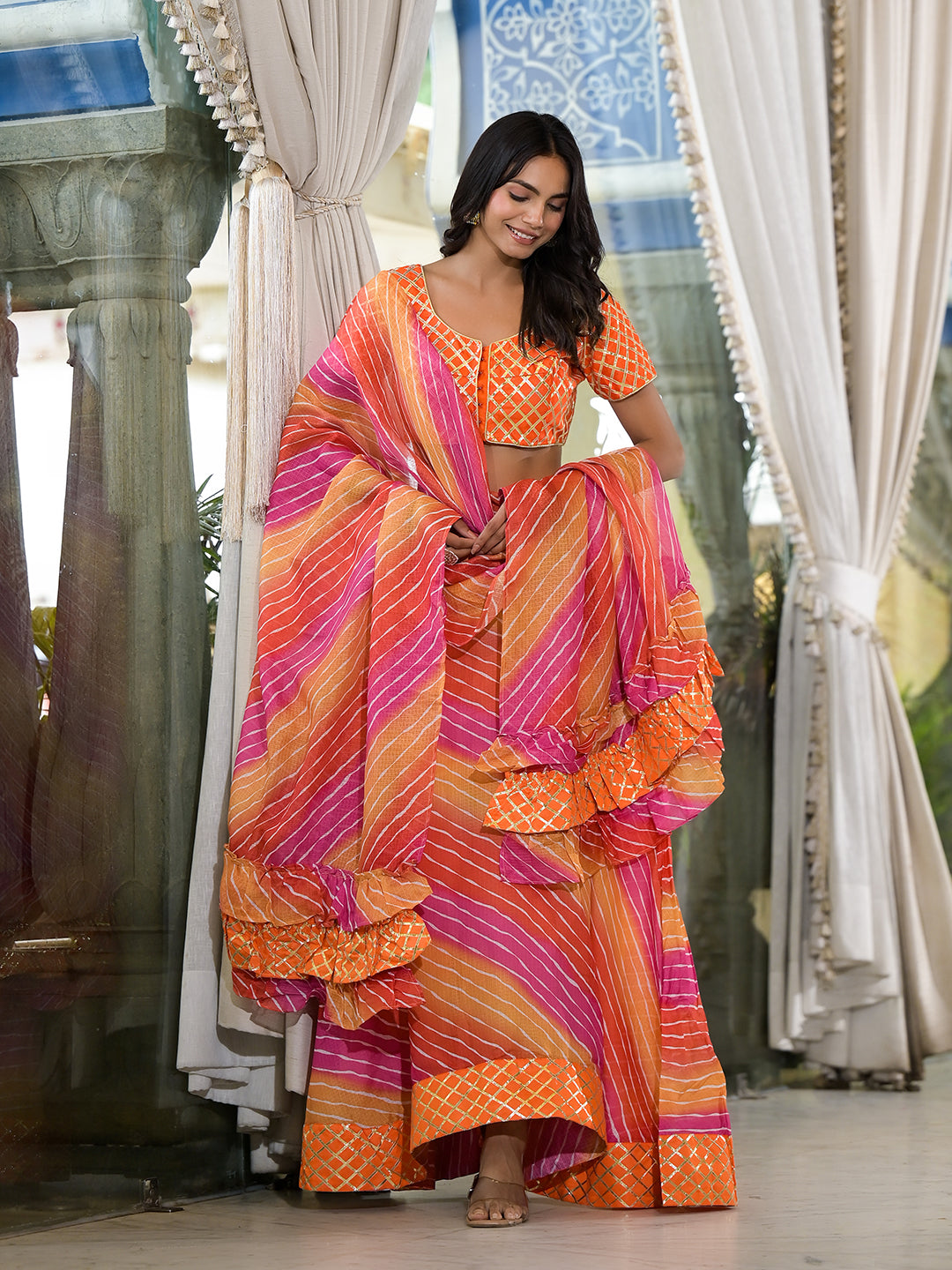 Orange and Pink Leheriya Kota Doria lehenga Choli - Elganza