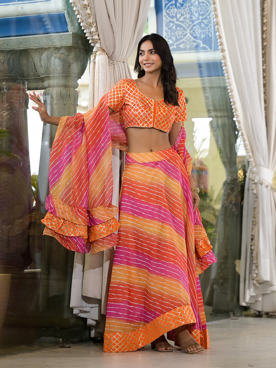 Orange and Pink Leheriya Kota Doria lehenga Choli - Elganza