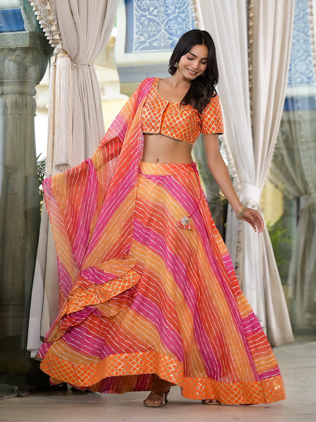 Orange and Pink Leheriya Kota Doria lehenga Choli - Elganza