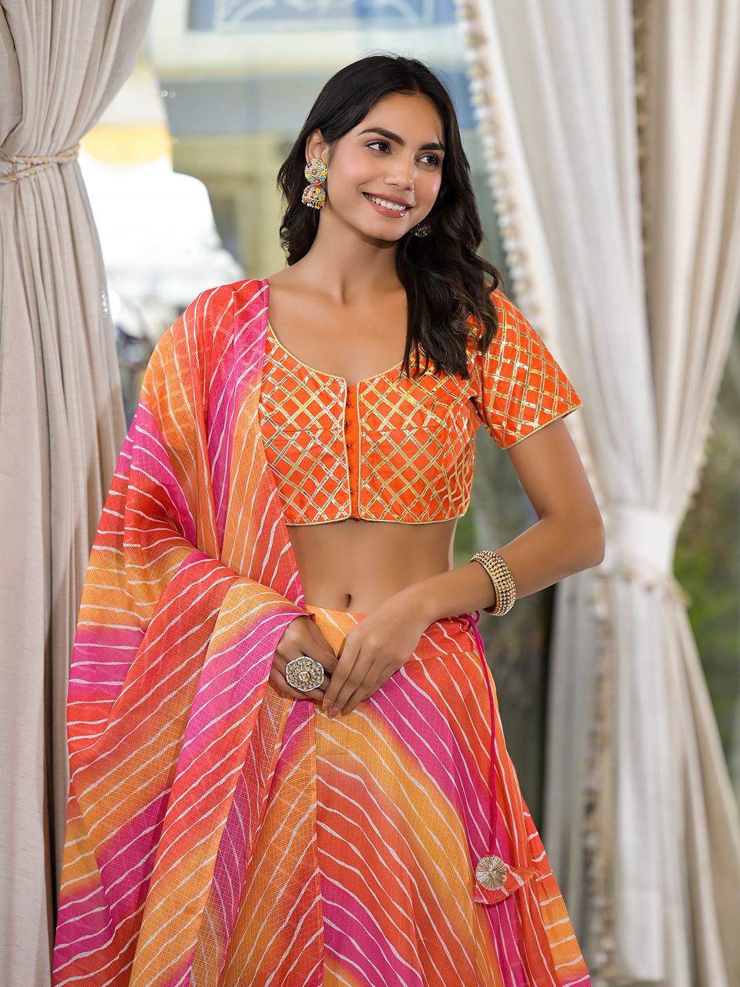 Orange and Pink Leheriya Kota Doria lehenga Choli - Elganza