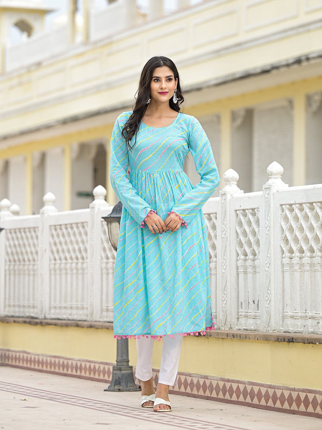 Sky Blue Leheriya Kurta - Elganza