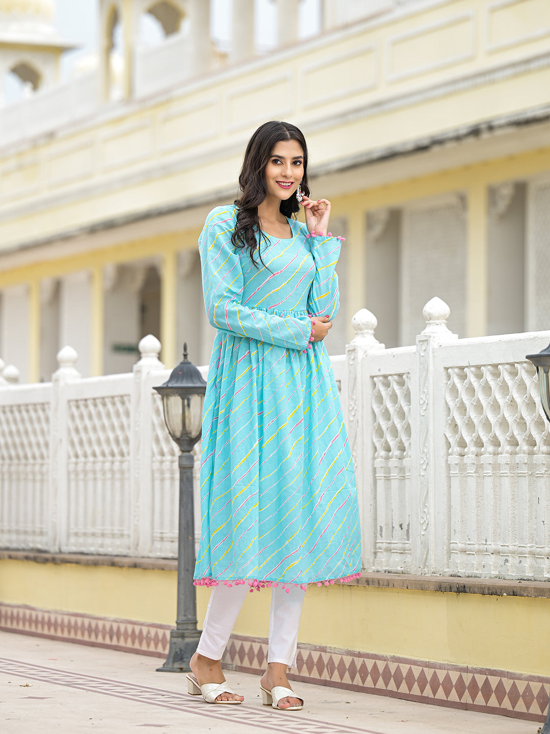 Sky Blue Leheriya Kurta - Elganza