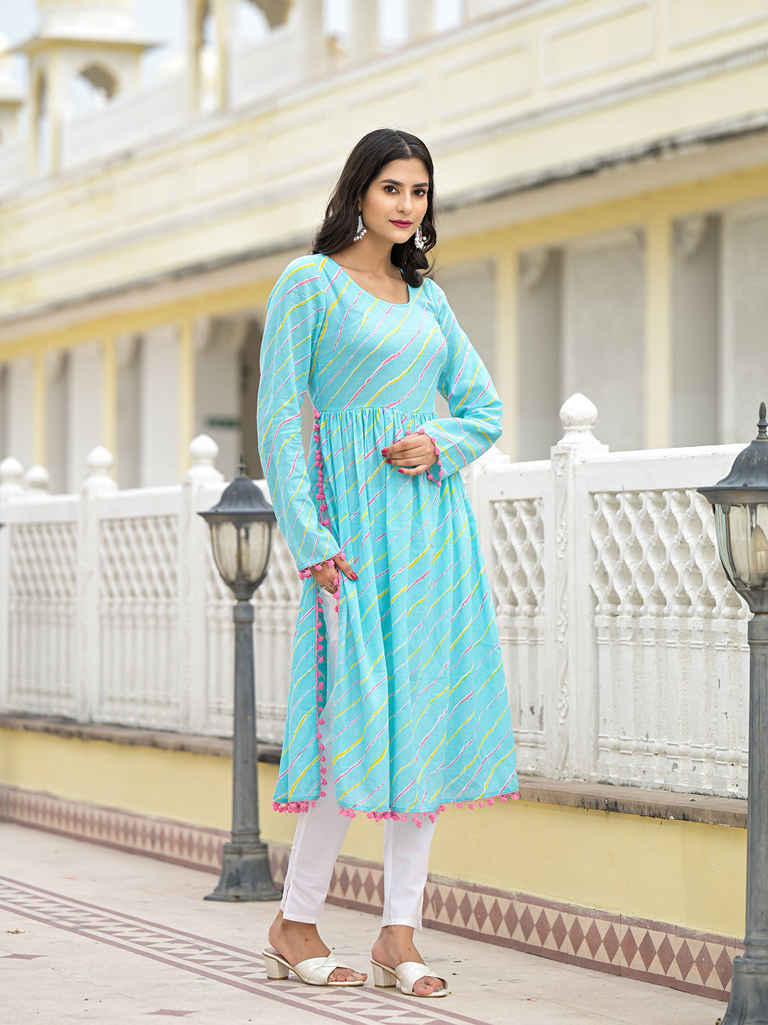 Sky Blue Leheriya Kurta - Elganza