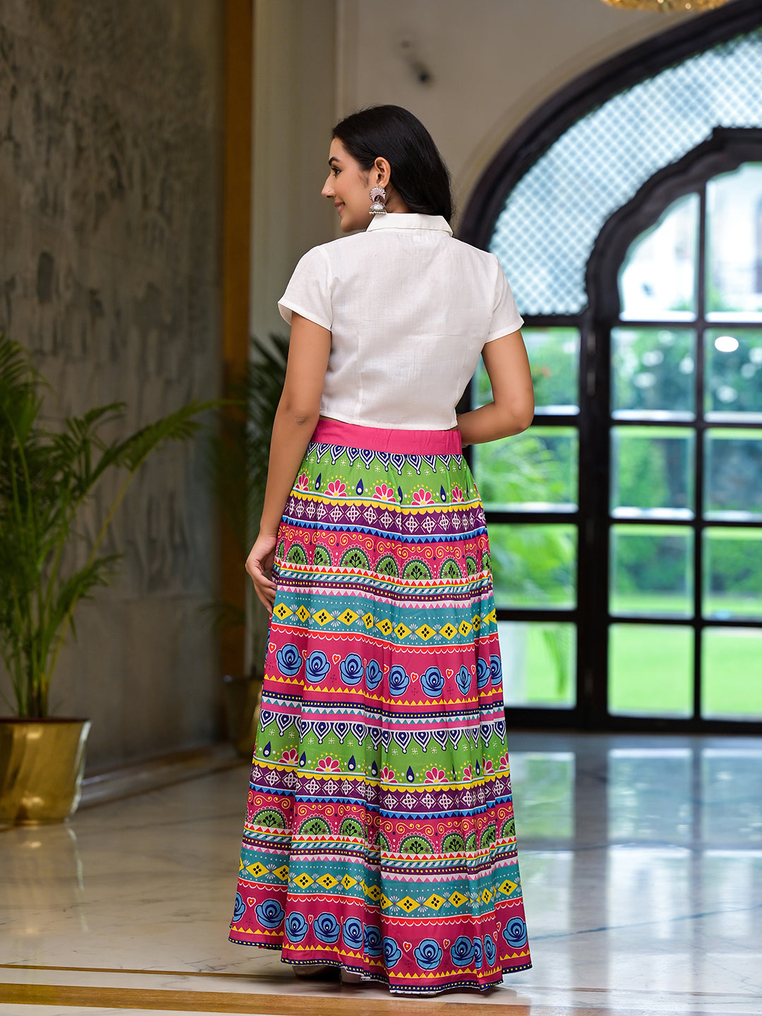 Multicolor printed skirt with White Top Co-Ord Set - Elganza