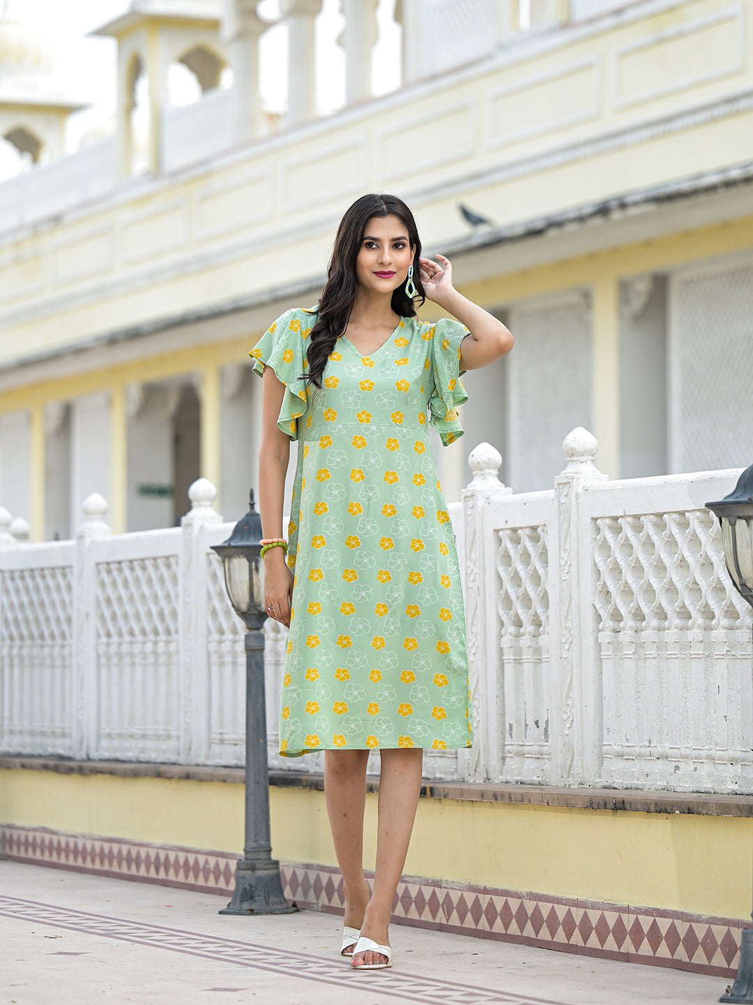 Mint Green Floral Shift Dress - Elganza