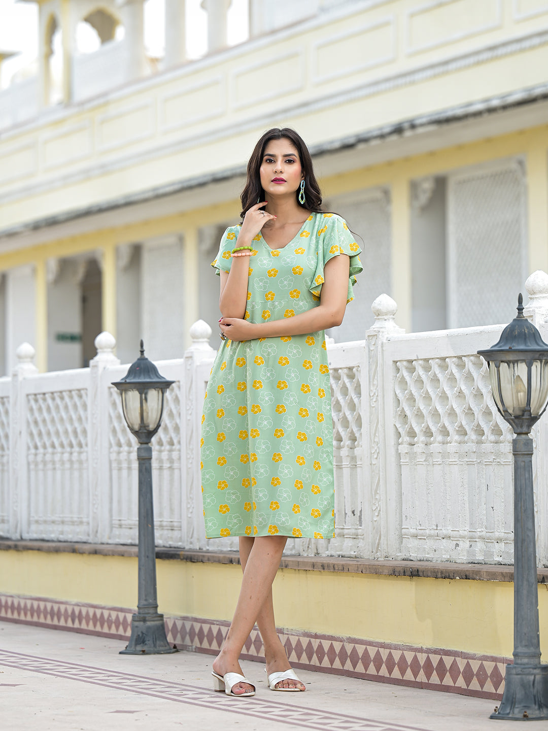 Mint Green Floral Shift Dress - Elganza