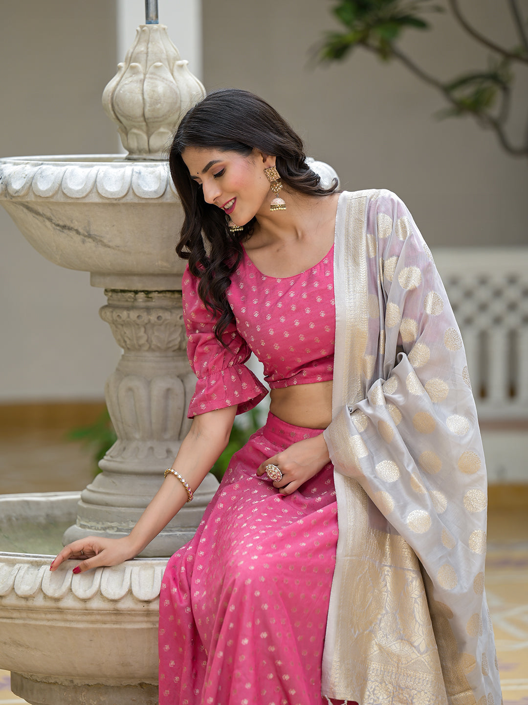 Pink Chanderi Lehenga Choli with Jacquard Dupatta - Elganza